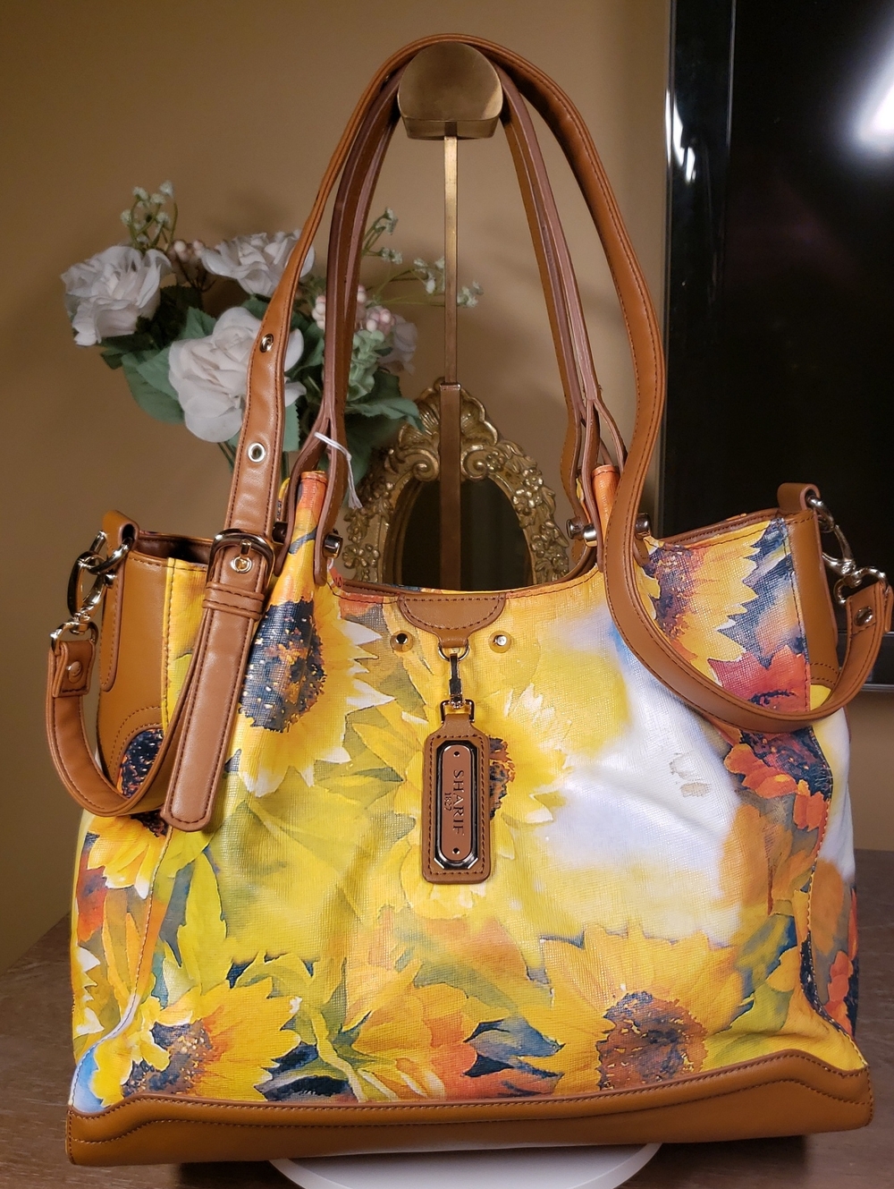 Sharif Sunflower Print Canvas & Leather Crossbody Tote (Retail $260) - Picture 1 of 12